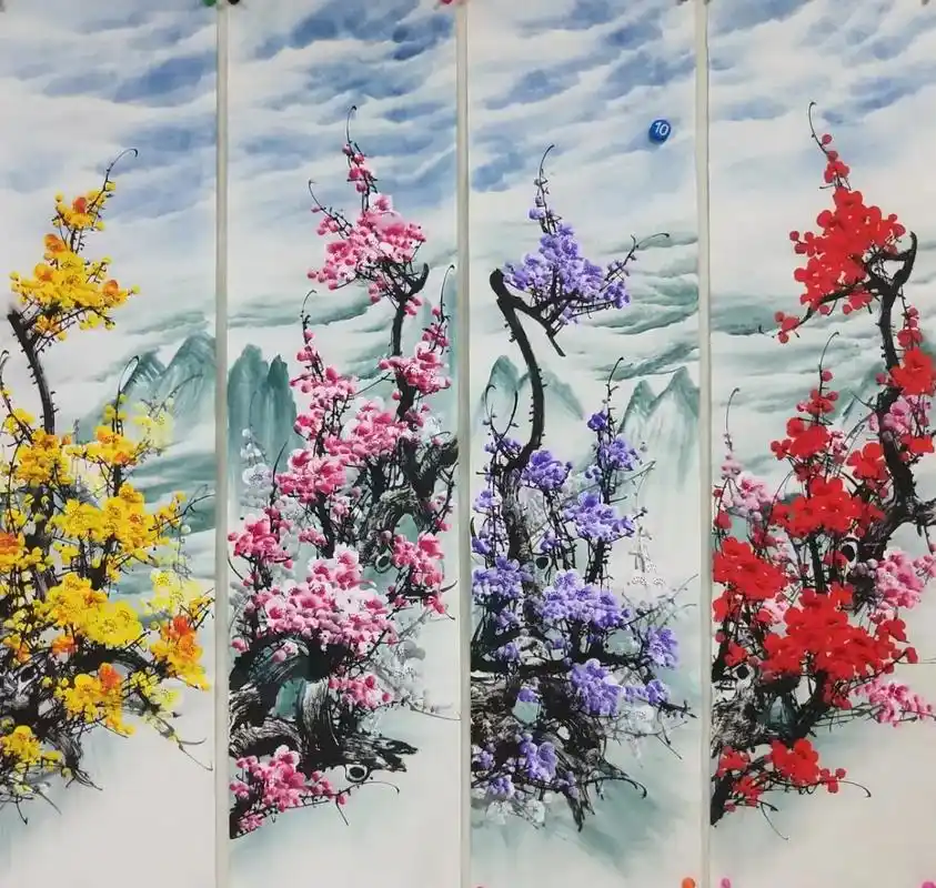 四尺对开精品四山水四色梅花条屏.#古画 #梅花 #梅花四条屏 - 抖音