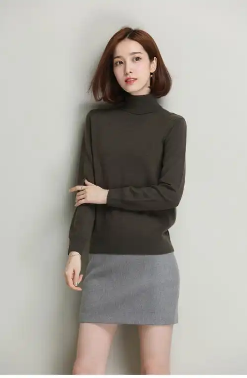 洋湖轩榭 白色高领羊毛衫女秋冬新款纯羊毛打底衫修身套头毛衣毛衫