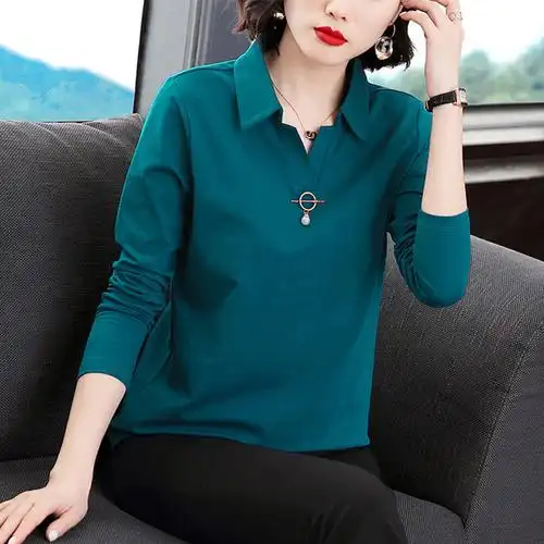 艳如飞加大码棉长袖t恤女秋衣外穿中年妈妈翻领棉中老年宽松有领t血