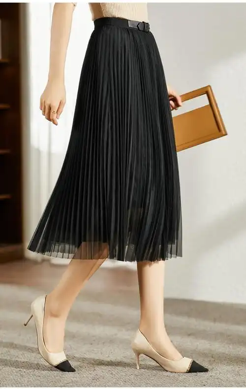 梵希蔓纱裙遮胯裙子显瘦半身裙中长款高腰a字裙黑色百褶裙秋装 f8783