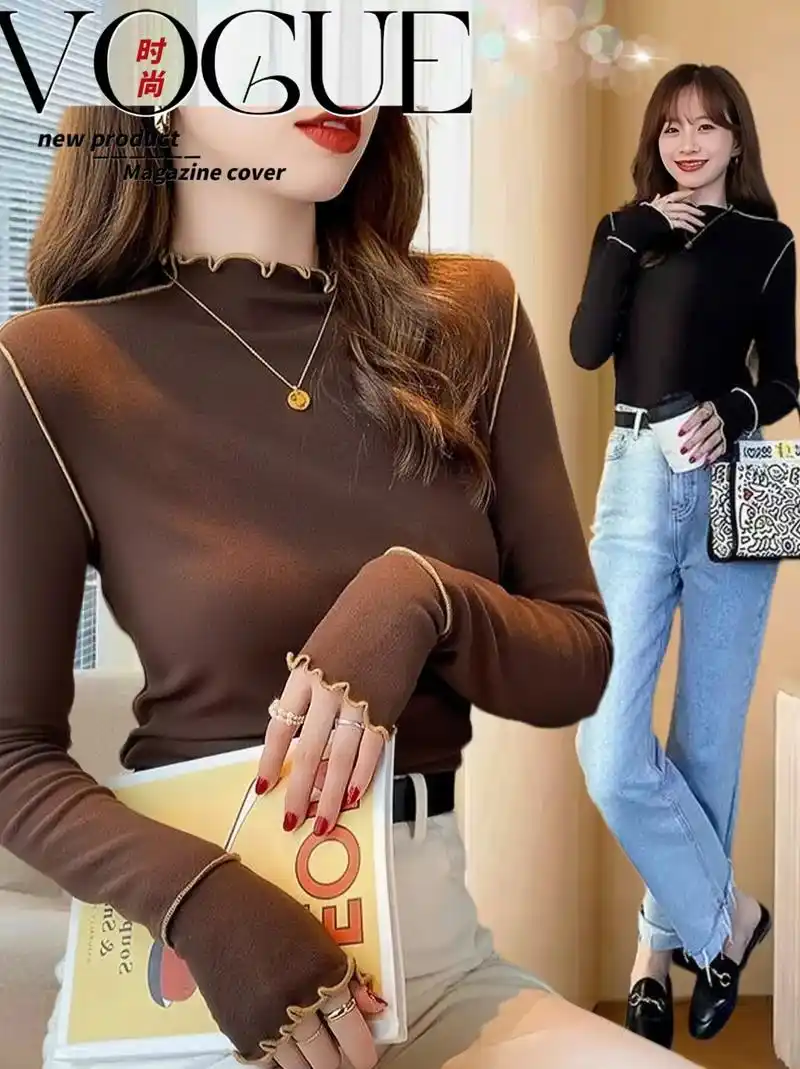 甜美半高领打底衫女2023秋冬温柔撞色