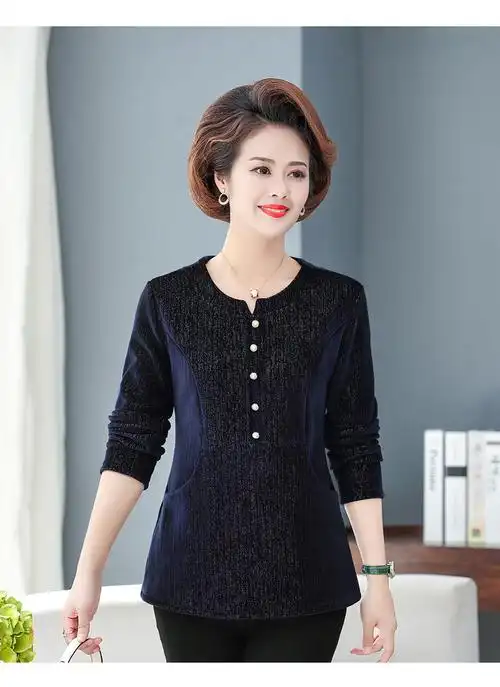 新品 中年妈妈加绒加厚打底衫大码女中老年秋女装新款长袖t恤秋冬上衣