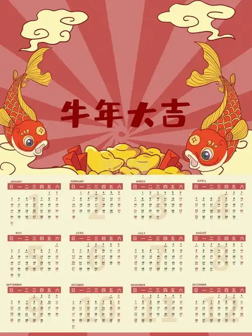 2021年牛年大吉中国风喜庆日历海报