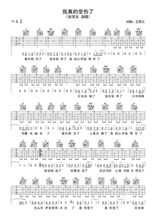 张学友《我真的受伤了》吉他谱_g调吉他弹唱谱_新手入门版第1张