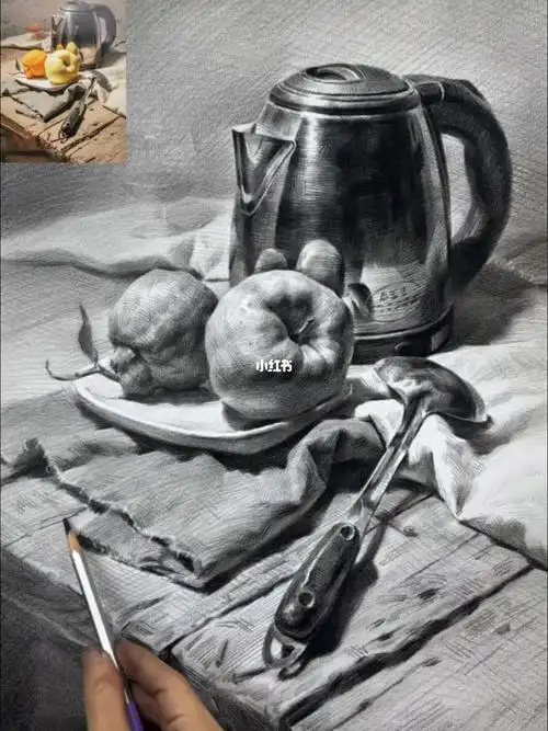 素描静物不锈钢水果组合画面完整范画