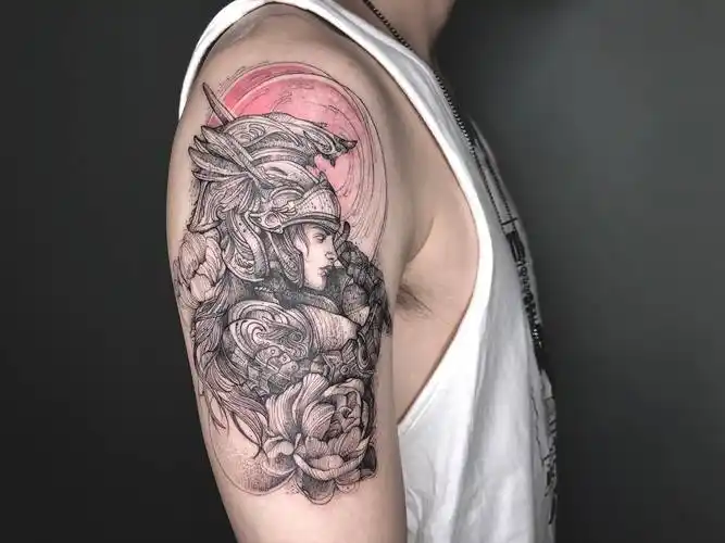 大臂黑灰甩线风美女牡丹纹身图案