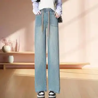 匠璃牛仔裤学生女初中阔腿窄设计感高中生夏季新款松紧腰窄版直筒宽松