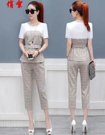 俏絮时尚格子套装女2018夏季新款流行女装时髦洋气短袖七分裤两件套潮