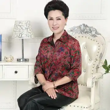 新款纯桑蚕丝香云纱上衣中袖七分袖女 中老年女装妈妈装真丝衬衫