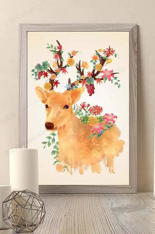 原创手绘麋鹿森林北欧无框画手绘鹿装饰画