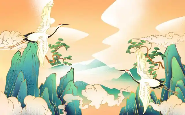 手绘中国风国潮仙鹤原创插画海报