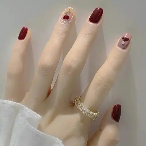 婚甲甲片成品婚 新娘_秋冬酒红魔镜穿戴美甲成品温柔短款钻甲片婚甲