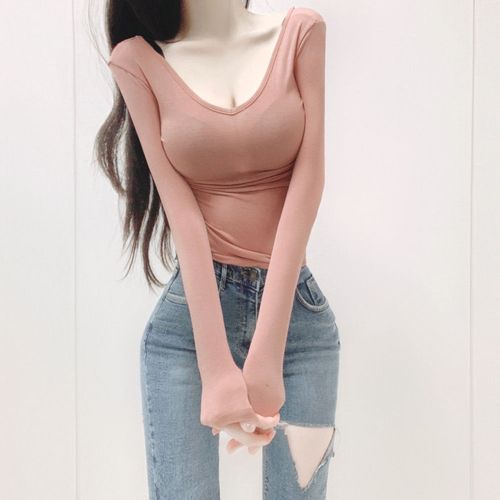 低胸t恤体恤打底衫新款女人味显胸性感显身材v领紧身收腰t恤纯色打底