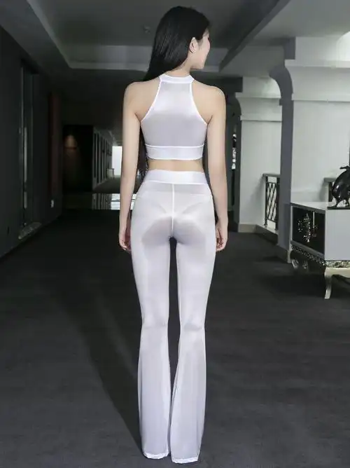 性感油亮喇叭裤弹力长裤紧身修腿舞蹈裤衣薄舞台闪亮裤 【套装上衣