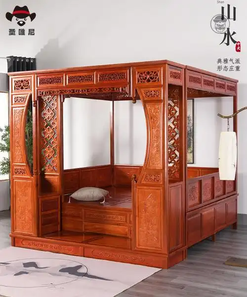 拔步床新中式踏步床仿古明清实木家具老榆木简单月洞床架子床15米踏步