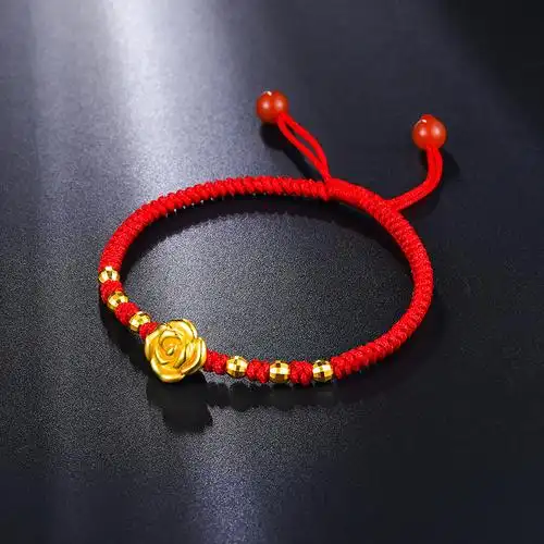宝蒂兹 玫瑰花黄金手链 足金转运珠本命年红绳路路通手串女友礼物