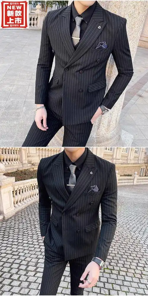 青年男士春秋冬新款条纹男士西装套装韩版修身帅气英伦风双排扣潮流