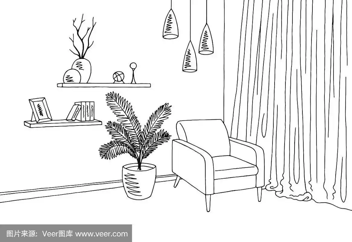 客厅室内图形黑白素描插图矢量