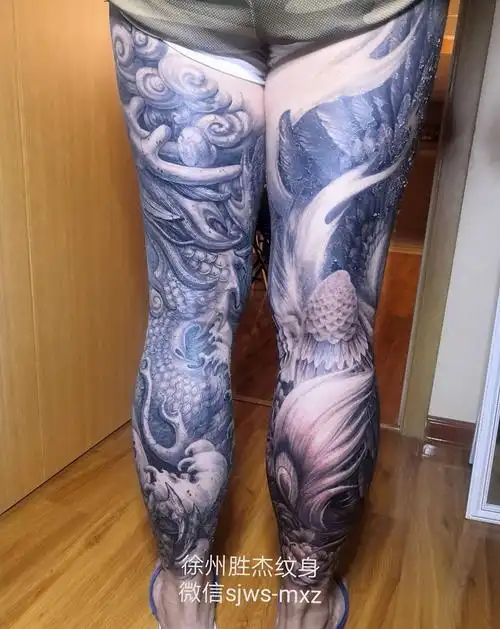 石雕龙凤凰纹身图片腿部欧美写实纹身图案
