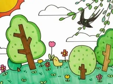 最后同学们把天空中的云涂成深蓝色,一幅美丽的春天的简笔画就完成了.