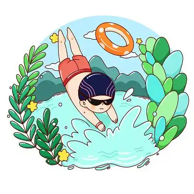 插画png蓝色剪影人物海浪扁平游泳元素png素材游泳卡通游泳元素泳池