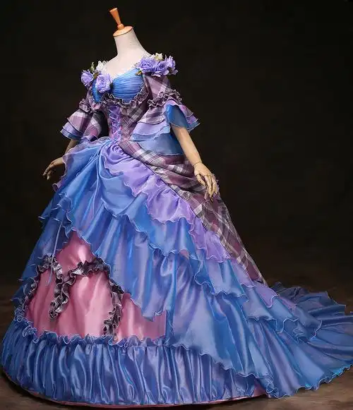 女士英国宫廷服欧式灰姑娘礼服演出服奢华皇后拖尾蓝色宫廷服格子