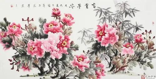 花鸟名家寇萍四尺横幅写意牡丹《富贵平安》