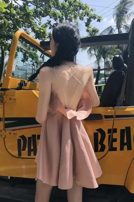 梦幻名媛新款性感小女人露背吊带裙交叉肩带沙滩连衣裙连甜美港风吊带