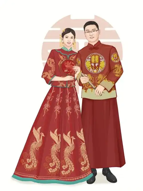 手绘婚纱照中式秀禾服手绘