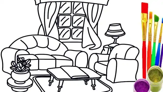 给宝宝画客厅和里面的沙发简笔画涂色彩