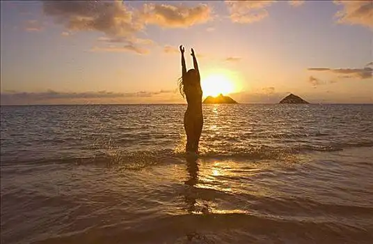 夏威夷,瓦胡岛,日出,剪影,女青年,岛屿,远景