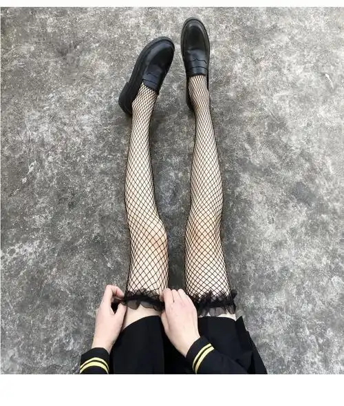 蔽月吟黑色鱼网丝袜jk学生夏天薄款外穿过膝初中生袜