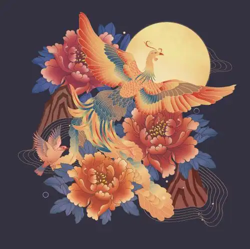 月亮下的凤凰牡丹图