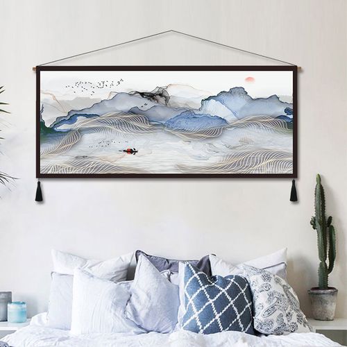 卧室床头装饰画风景横版长幅挂画简约现代客厅沙发背景墙壁画挂毯