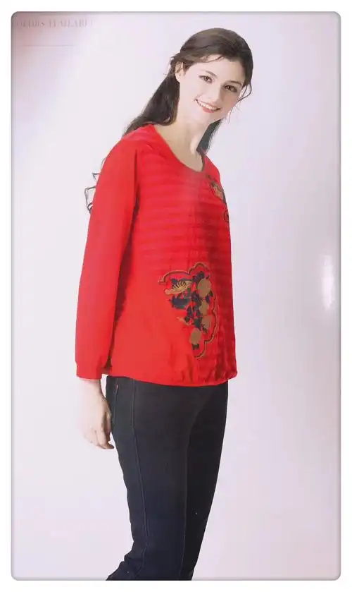 双十一 秋冬南国蒂尼 绣花图案全棉长袖宽松t恤 大码女装8171