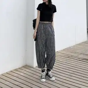束脚黑白格子哈伦裤女宽松夏季复古高腰百搭显瘦休闲九分灯笼裤