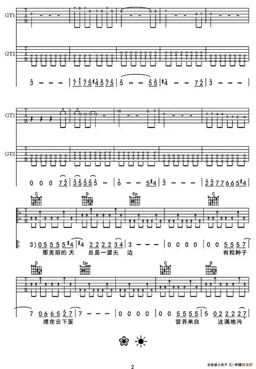 向阳花(谢天笑词曲,张铁东编配)简谱_吉他简谱_zzmao简谱网