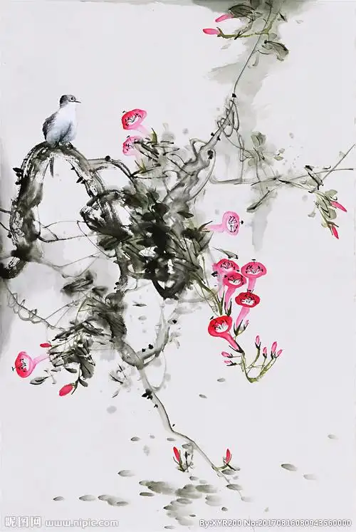 水墨喇叭花鸟设计图__绘画书法_文化艺术_设计图库_昵图网nipic.com