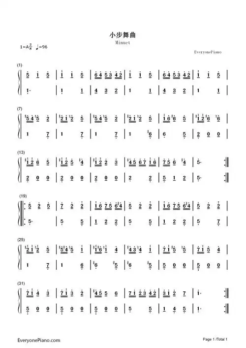 小步舞曲双手简谱预览1-钢琴谱文件(五线谱,双手简谱,数字谱,midi,pdf