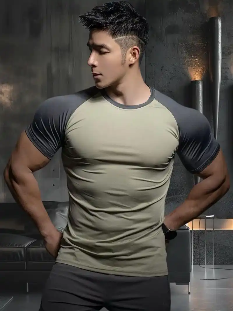 夏季新款男士运动健身弹力速干插肩t恤