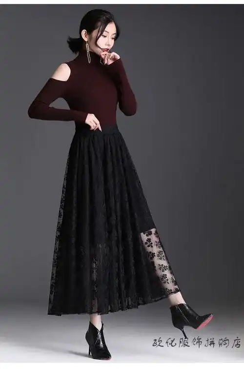 蕾丝半身裙女夏高腰名媛气质钩花网纱百褶垂感大摆长裙子慵懒风 黑色