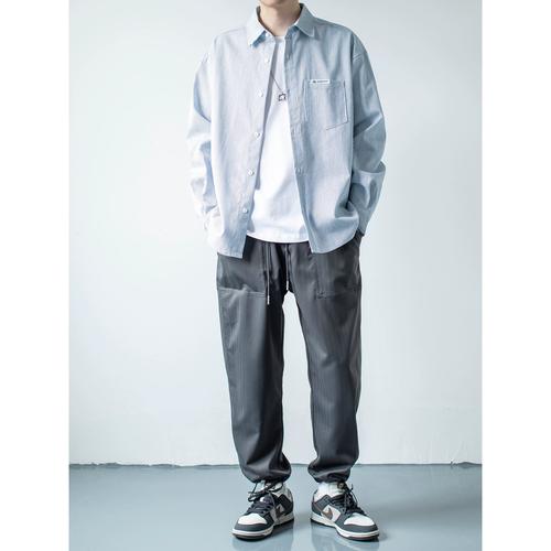 条纹衬衫新款宽松落肩休闲盐系男衬衣日系复古文艺男长袖写意秋季