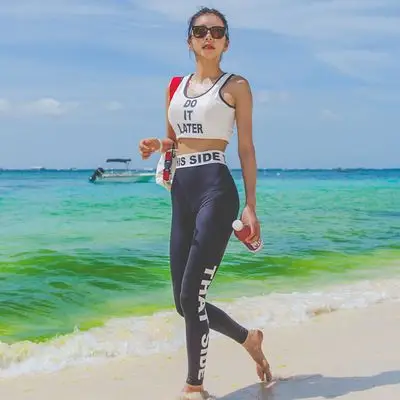 韩国运动分体平角游泳衣女保守显瘦背心长裤度假跑步健身瑜伽泳装