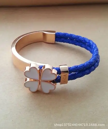 欧美流行饰品 vca梵克雅宝 情侣 滴油 彩色 编织皮绳 四叶草 手镯