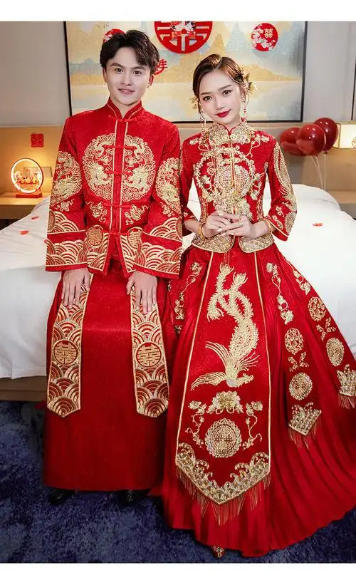 秀禾服情侣套装结婚新娘男女套装结婚敬酒服禾服中式结婚礼服显瘦龙腾