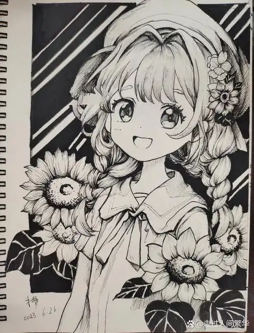 黑白手绘动漫人物插画步骤图 这算是一幅比较简单的作品,用时最少.