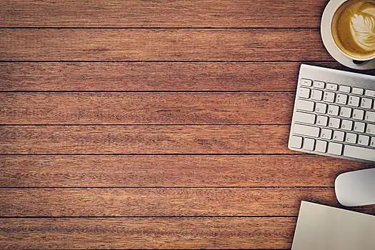 办公桌,便笺,电脑,咖啡杯,俯视,留白