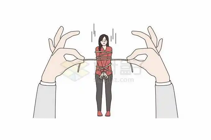 一双手用绳子把女人捆起来绑架象征了控制别人自由手绘插画4544321