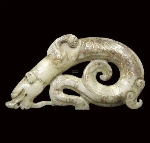 汉出土古玉镶金线螭龙佩