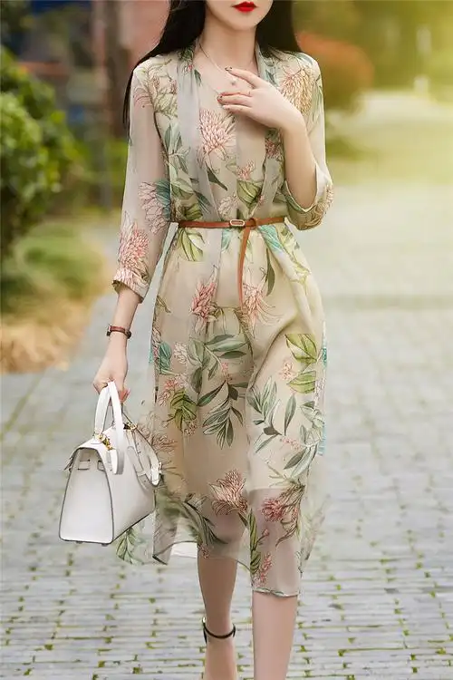 大气雅致印花雪纺连衣裙女装2022夏季新款气质淑女收腰中长裙